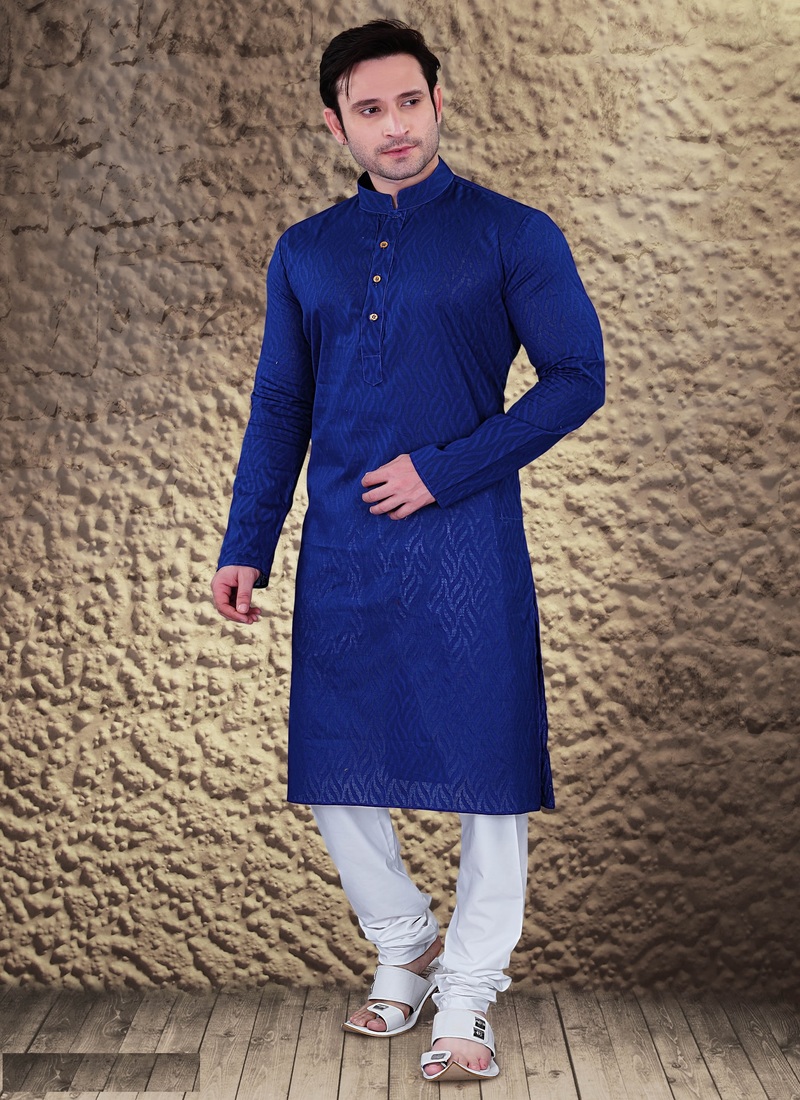 ETHNIC ROYAL BLUE COTTON JACQUARD KURTA SET