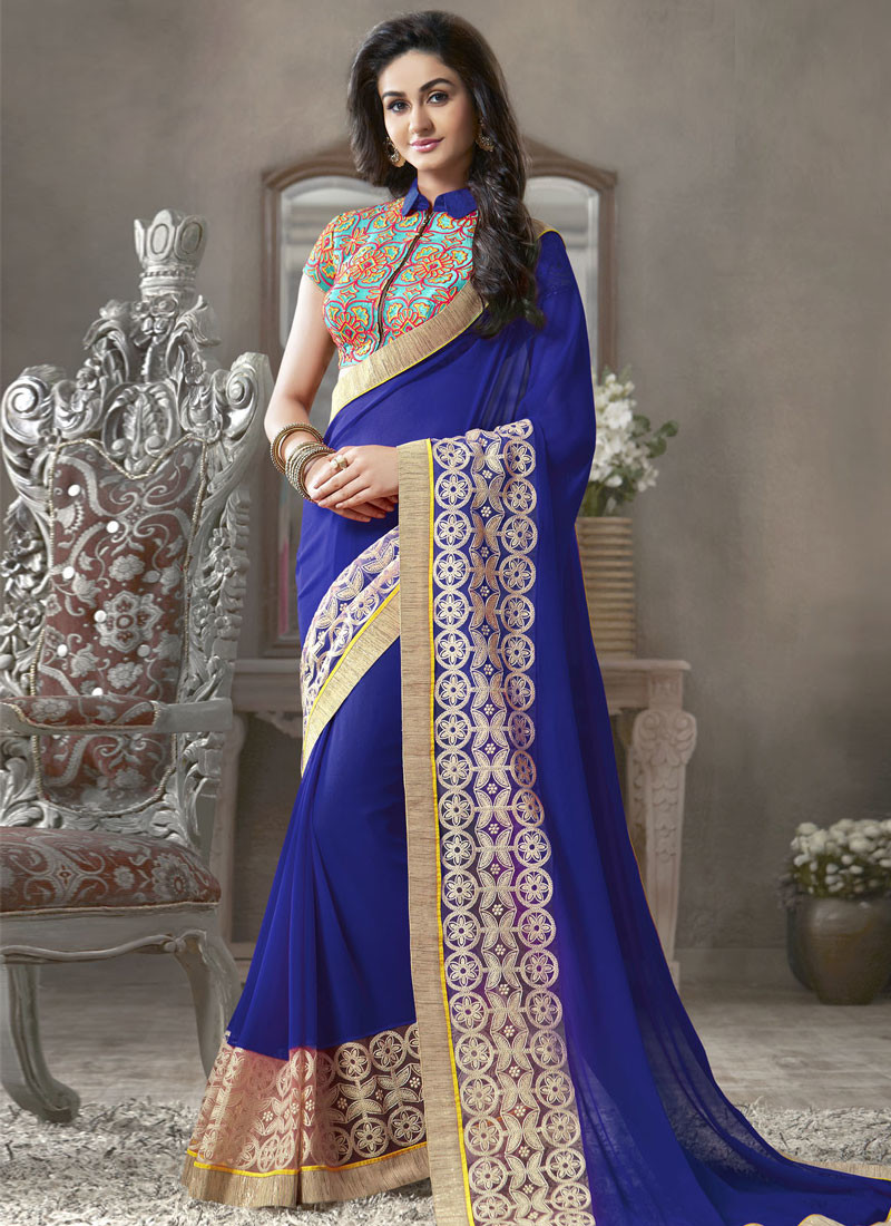 FANTASTIC ROYAL BLUE DESIGNER GEORGETTE SAREE