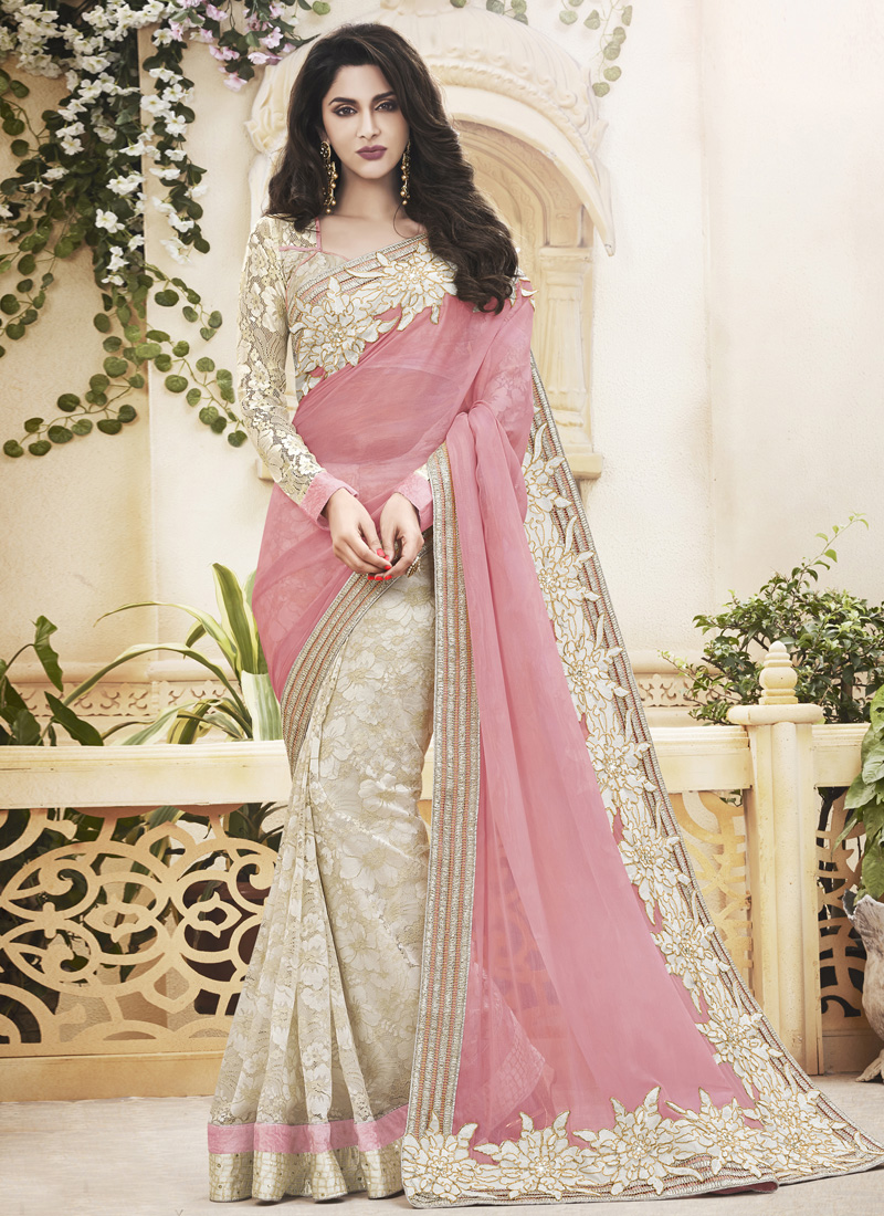 ENCHANTING PINK AND CREAM DESIGNER SAREE