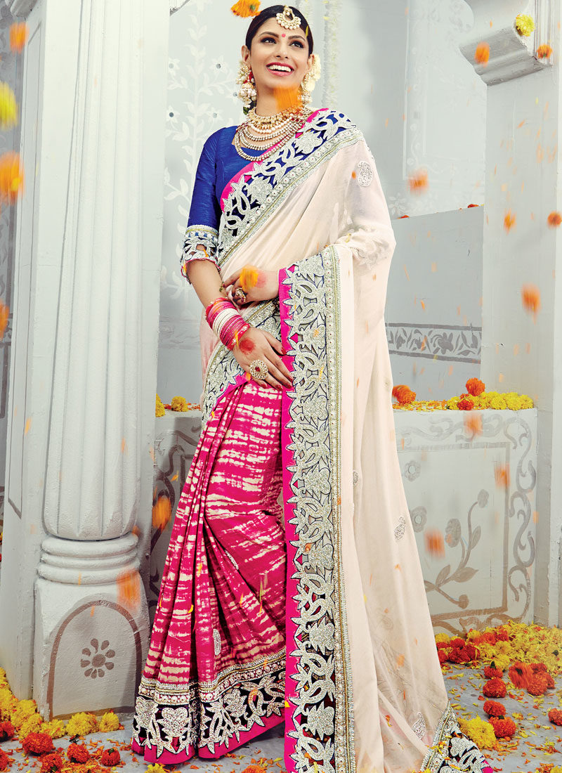 Splendid Cream N Pink Embroidered Wedding Saree
