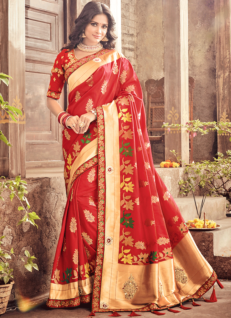 Red Pure Banarasi Silk Designer Wedding Saree