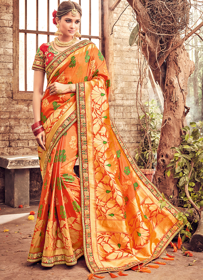 Orange Banarasi Silk Embroidered Wedding Saree 6680