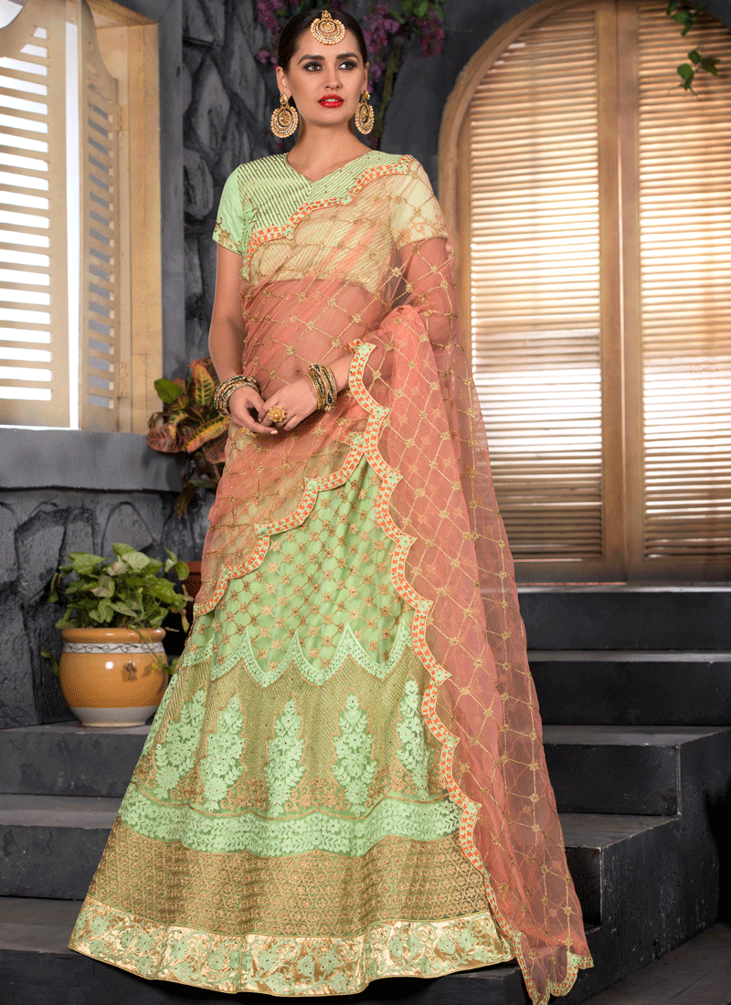 mint green and peach lehenga