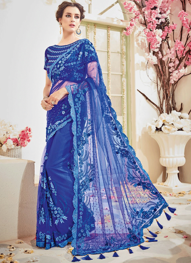 Royal Blue Embellished Net Designer Wedding Saree