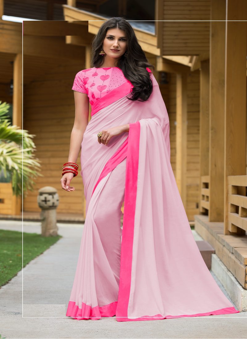 STYLISH BABY PINK PURE GEORGETTE DESIGNER SAREE