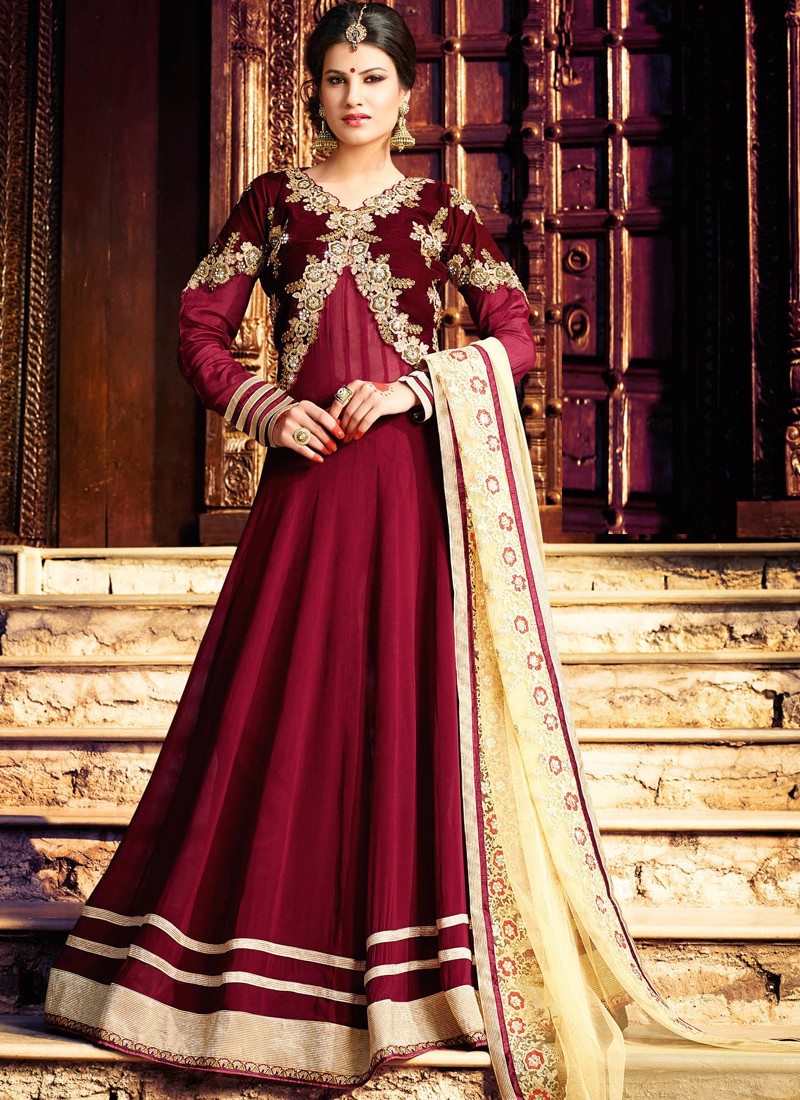 GRANDEUR MAROON ANARKALI SUIT - HunarDesigns.com