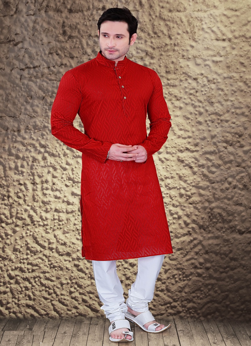 ETHNIC RED COTTON JACQUARD KURTA SET