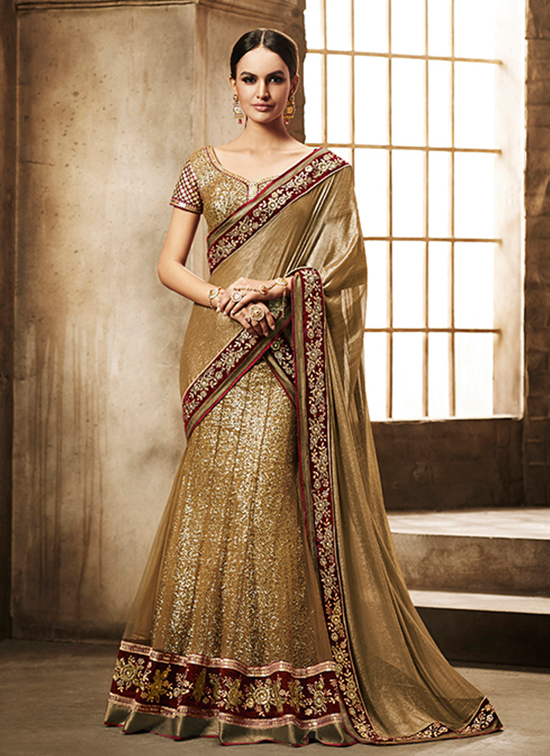 GLITTERING GOLD AND MAROON LEHNGA SAREE