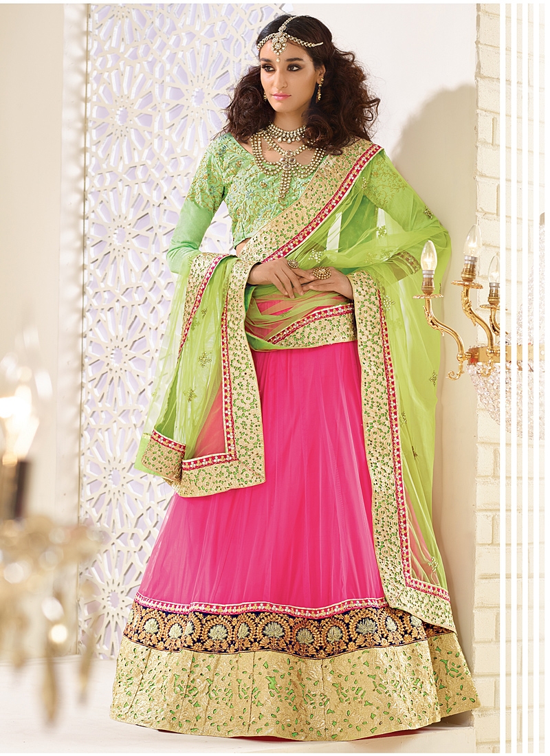 LUXURIOUS HOT PINK AND GREEN FESTIVE LEHNGA