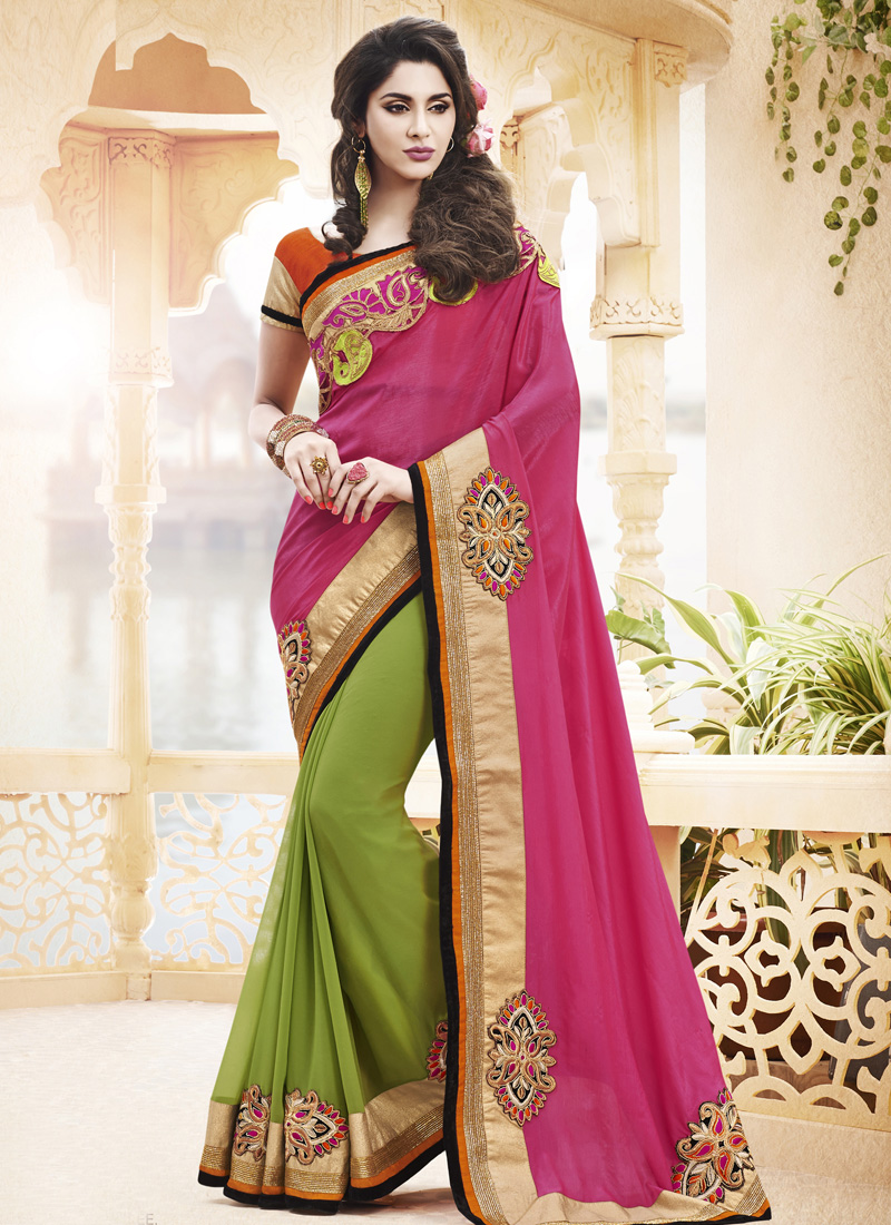 ENCHANTING PINK AND GREEN PARTY WEAR SAREE