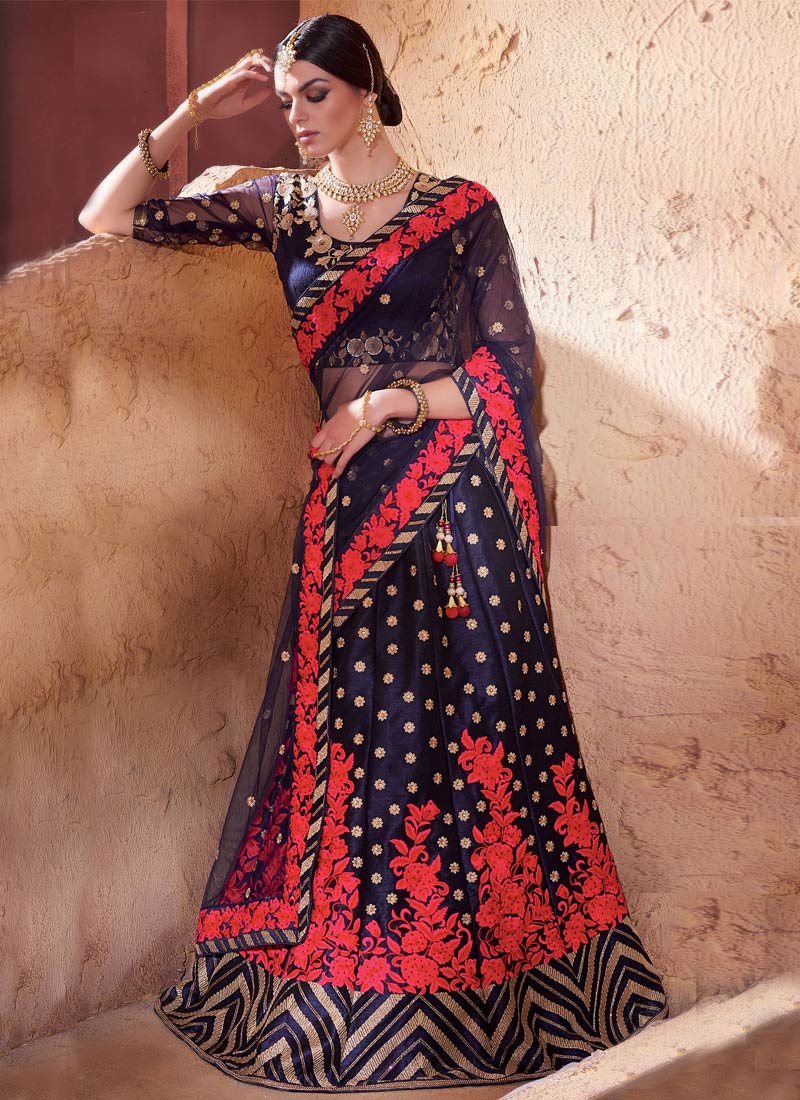 BRIDAL NAVY BLUE AND RED EMBROIDERED LEHENGA SET