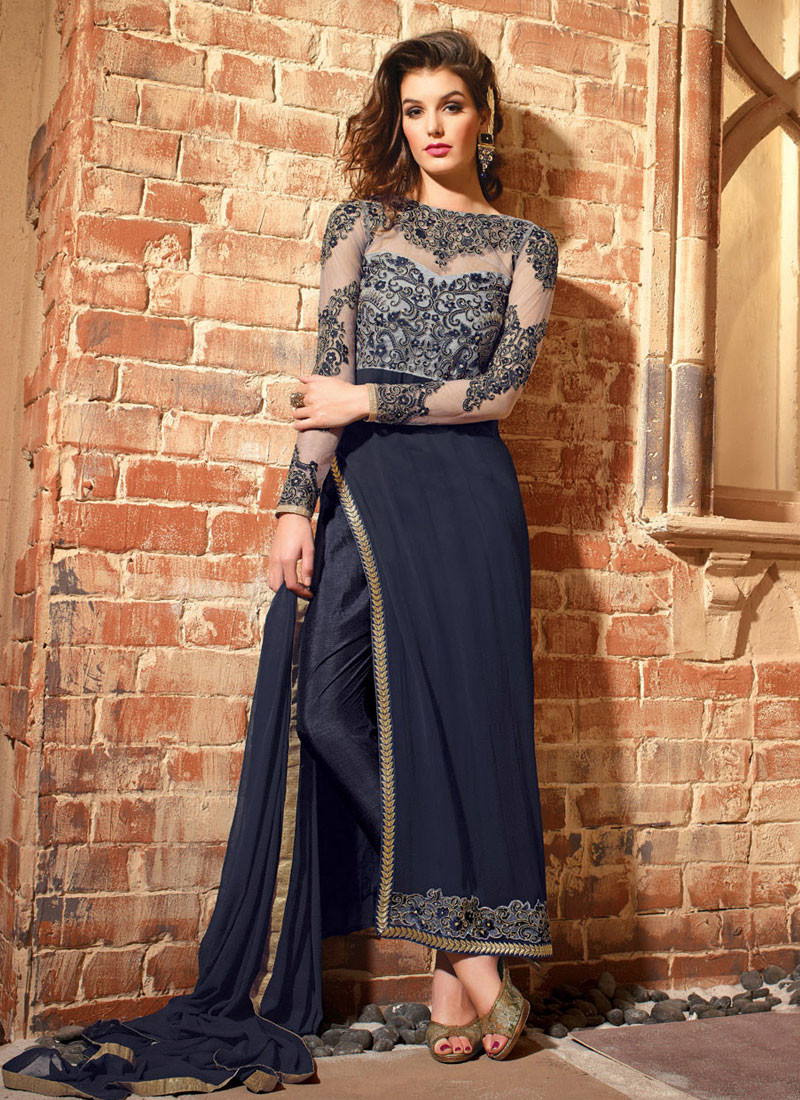 GLAMOROUS NAVY BLUE EMBROIDERED INDO FUSION SUIT