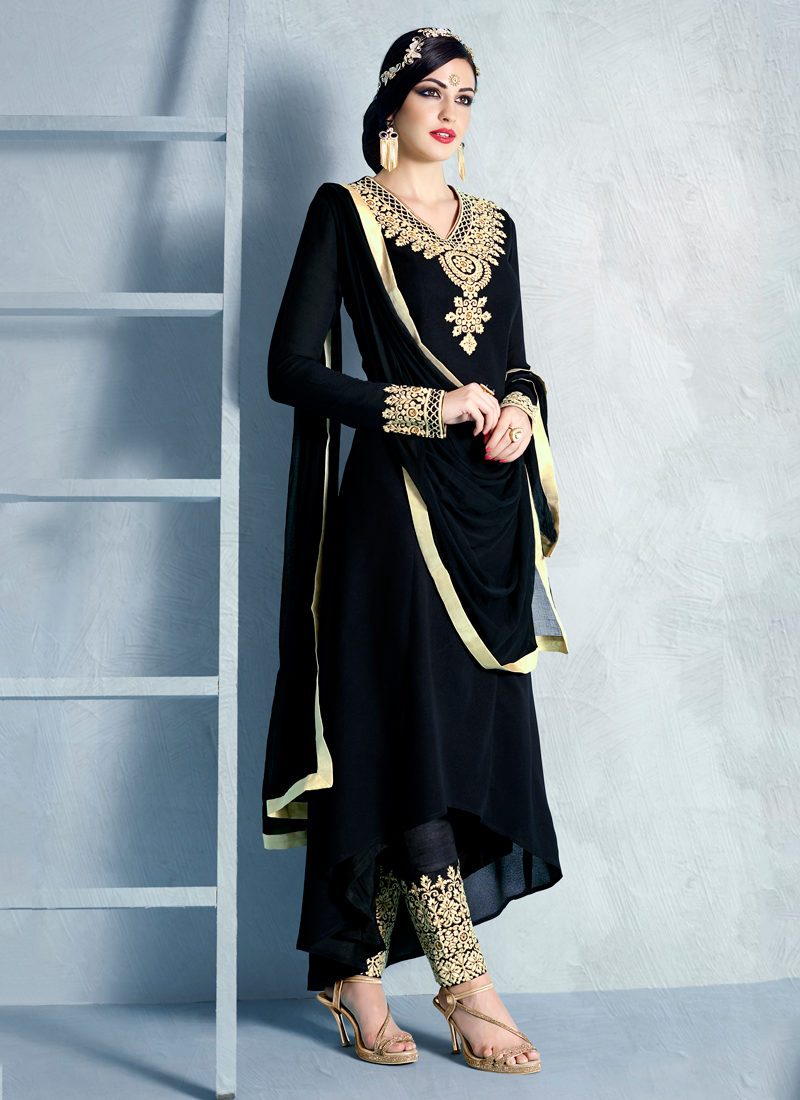 IMPECCABLE BLACK EMBROIDERED PARTY WEAR SUIT