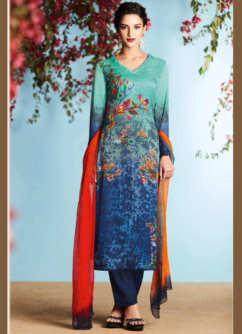 BLUE GEORGETTE SATIN DIGITAL PRINTED DESIGNER SUIT