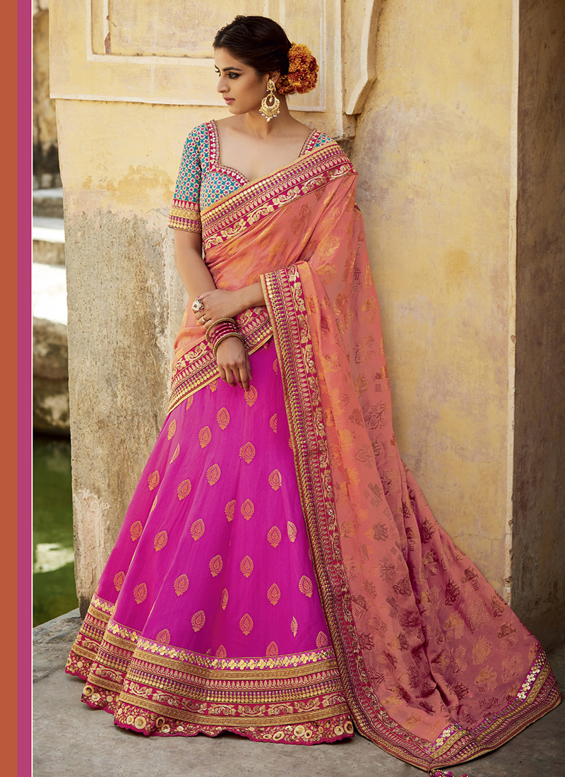 PINK N ORANGE SILK JACQUARD EMBROIDERED LEHENGA SET