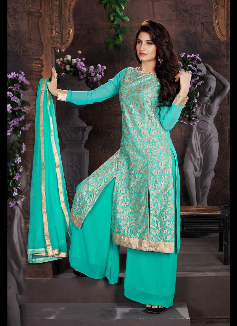 TURQUOISE NET PAKISTANI STYLE PALAZZO PANT SUIT