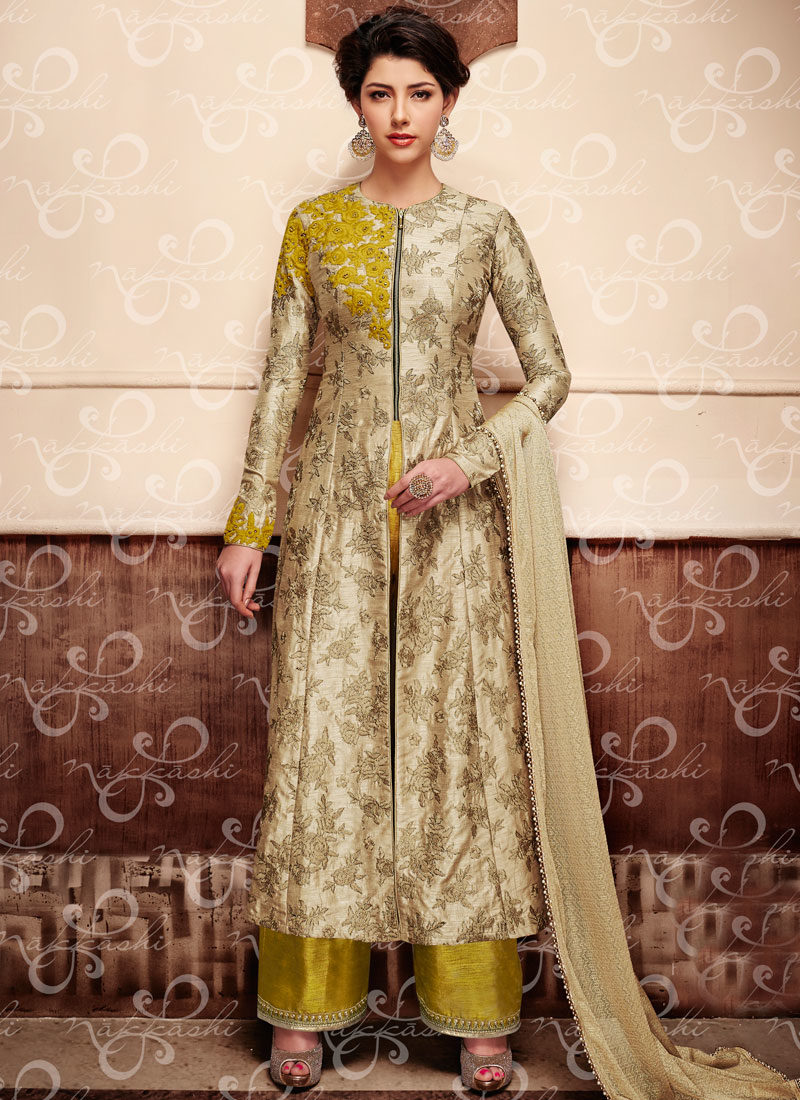 BEIGE N OLIVE GREEN EMBROIDERED WEDDING SUIT