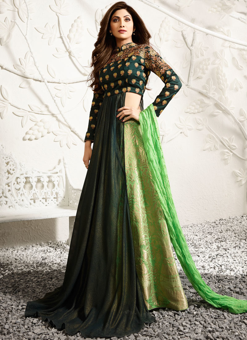 SHILPA SHETTY GREEN INDO WESTERN EMBROIDERED LEHENGA