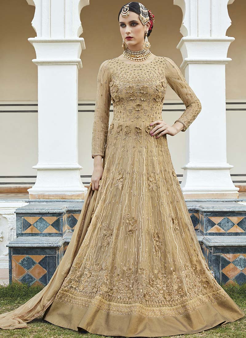 BEIGE NET EMBROIDERED DESIGNER WEDDING SUIT