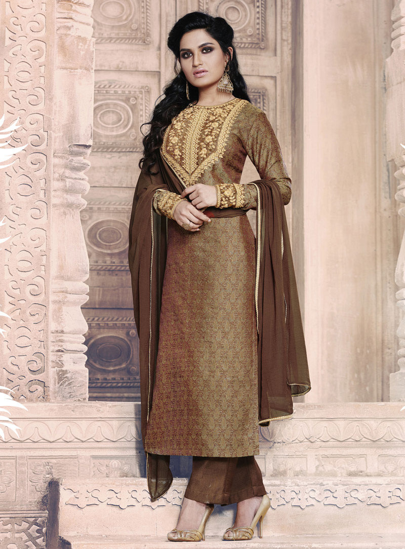 BROWN JACQUARD EMBROIDERED DESIGNER STRAIGHT SUIT