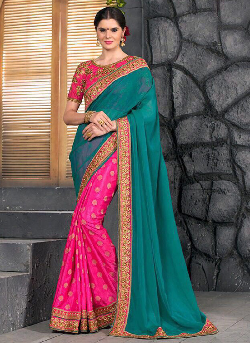 TEAL GREEN N PINK EMBROIDERED PARTY WEAR SAREE