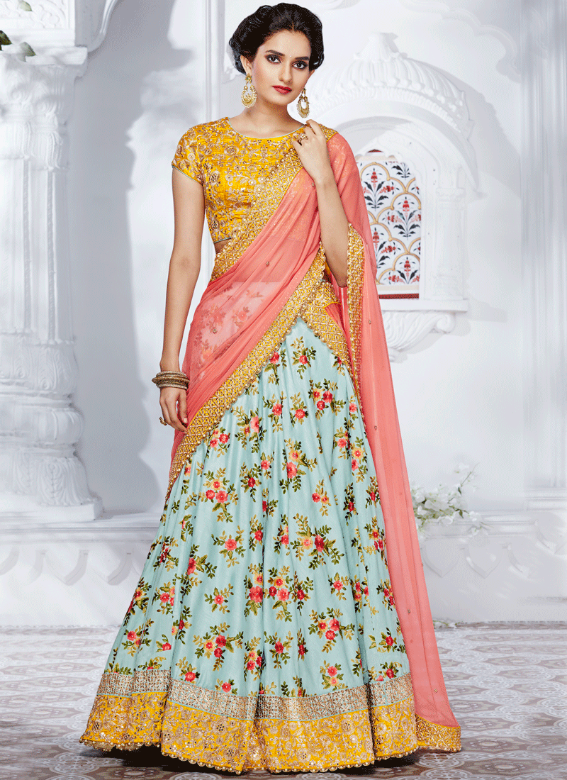 MUSTARD N SKY BLUE SATIN SILK DESIGNER LEHENGA SET