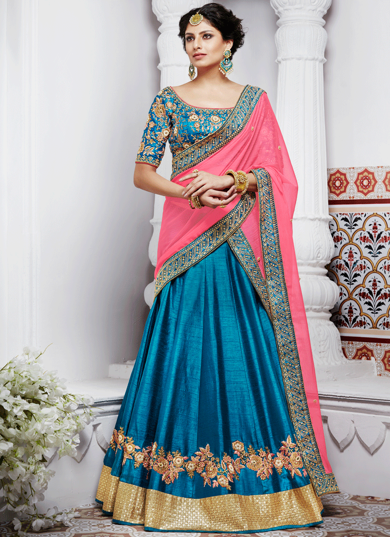 ROYAL BLUE N PINK SATIN SILK WEDDING LEHENGA SET