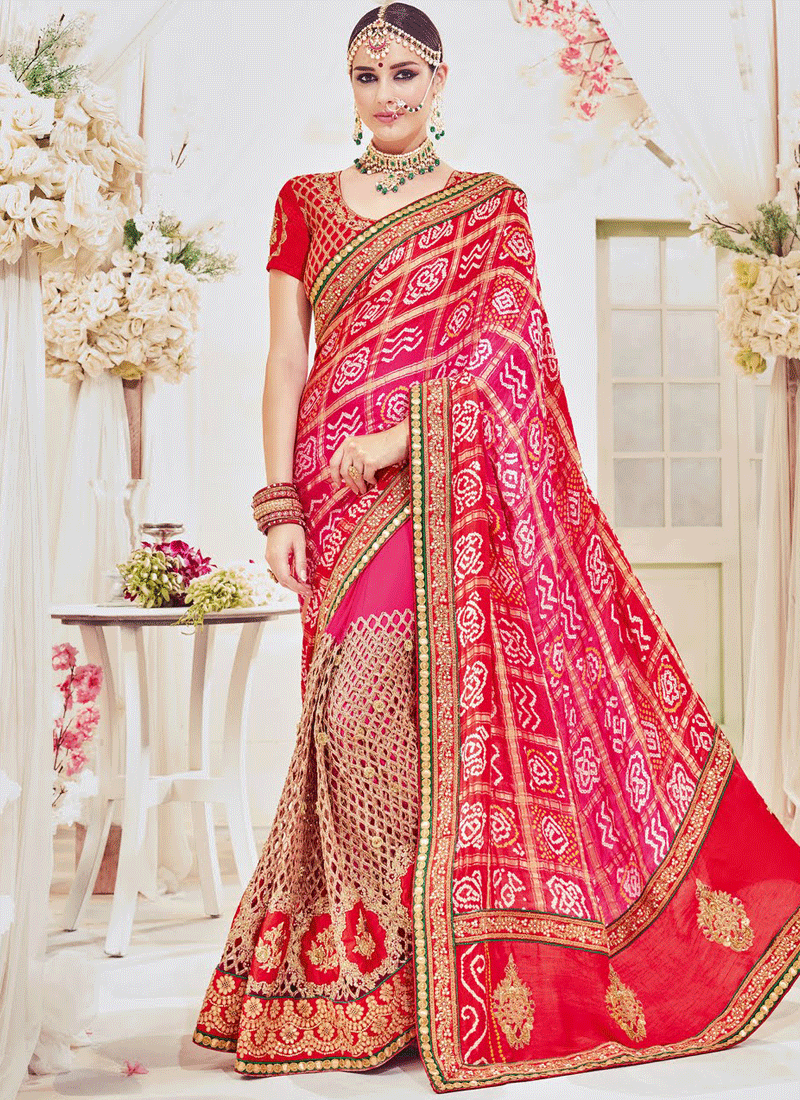 RED OMBRE SILK N NET EMBELLISHED WEDDING SAREE