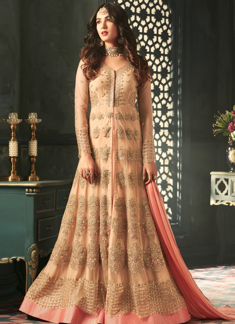 embroidered net abaya style suit in peach