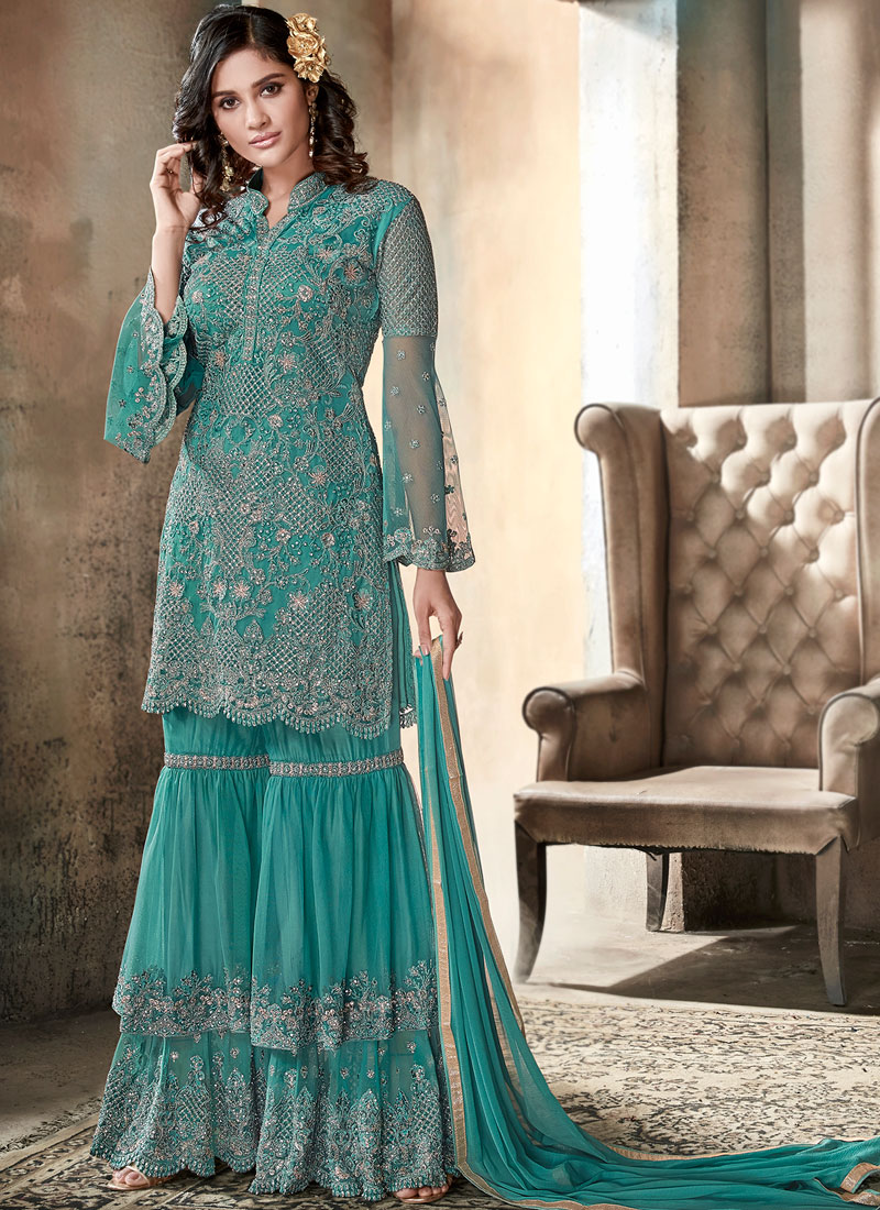 Sea Green Net Embroidered Designer Sharara Suit