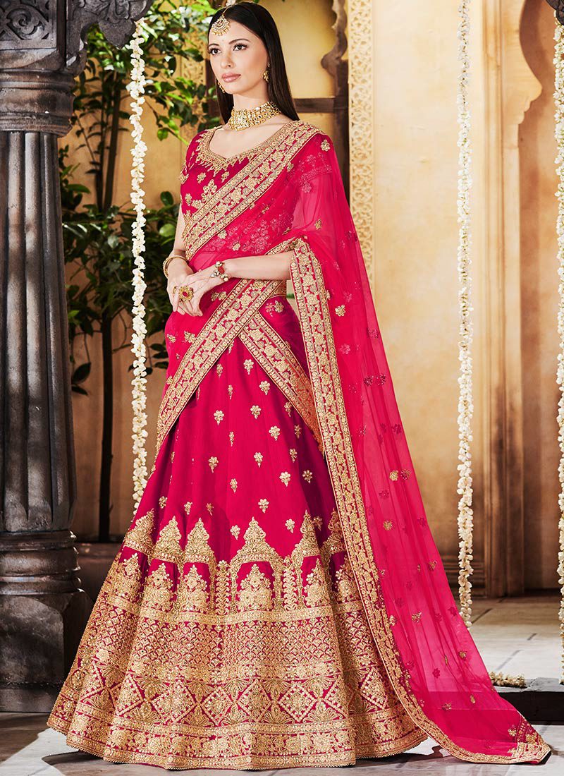 RED LINEN SILK EMBROIDERED LEHENGA CHOLI SET