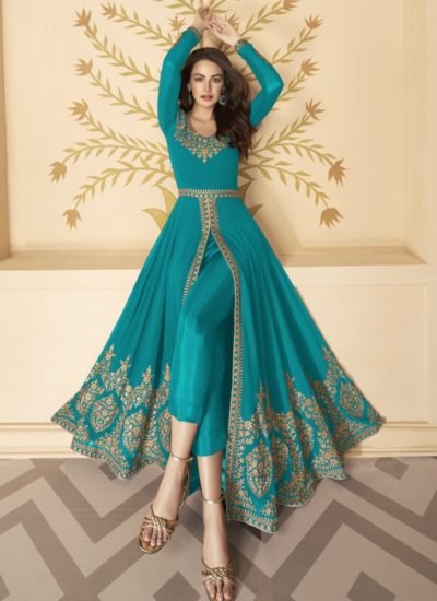 TURQUOISE GEORGETTE EMBROIDERED ANARKALI SUIT
