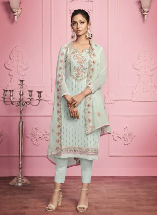 LIGHT TEAL GEORGETTE EMBROIDERED STRAIGHT SUIT