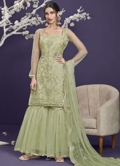 PISTA GREEN NET EMBROIDERED SHARARA SUIT
