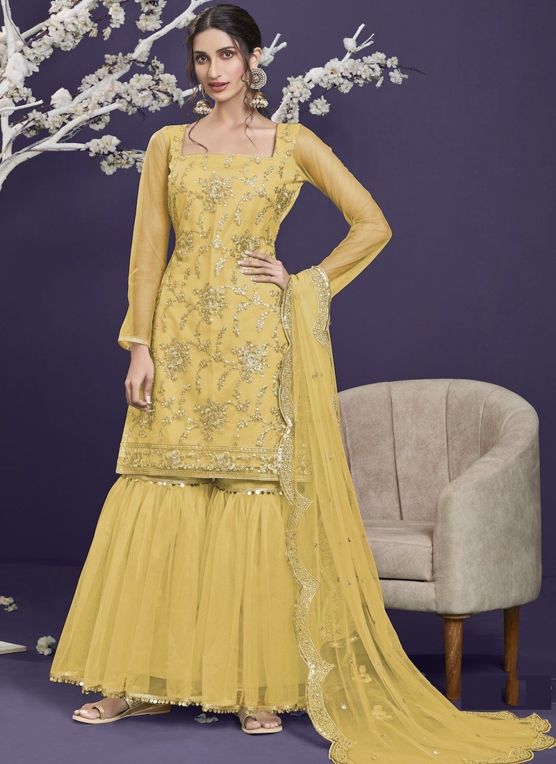 Yellow Designer Partywear Embroidered Heavy Net Anarakali Suit
