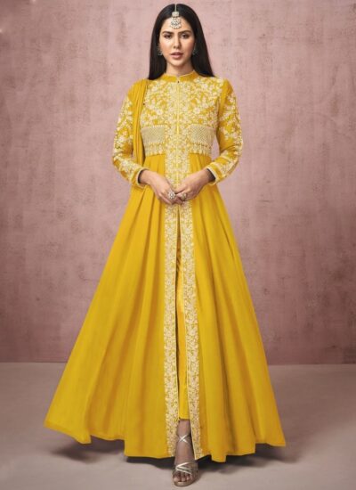 YELLOW GEORGETTE EMBROIDERED ANARKALI SUIT