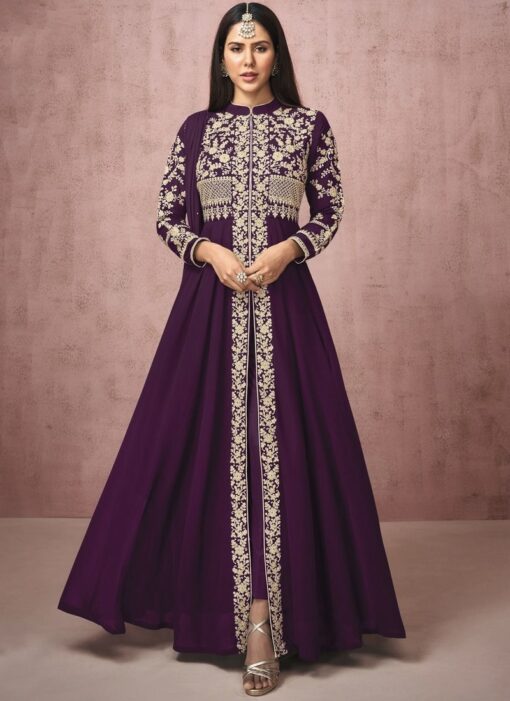 PURPLE GEORGETTE EMBROIDERED ANARKALI SUIT