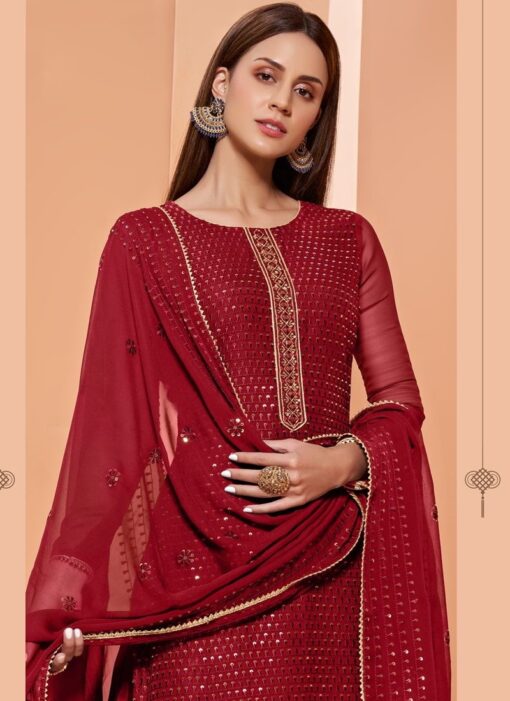 DEEP RED PURE GEORGETTE PALAZZO STYLE SUIT