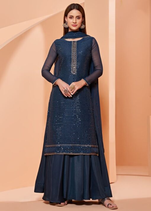 NAVY BLUE PURE GEORGETTE PALAZZO STYLE SUIT