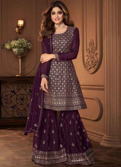 WINE COLOURED EMBROIDERED SHARARA SUIT