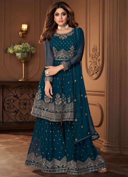 TEAL BLUE COLOURED EMBROIDERED SHARARA SUIT