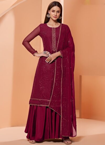 MAROON PURE GEORGETTE PALAZZO STYLE SUIT
