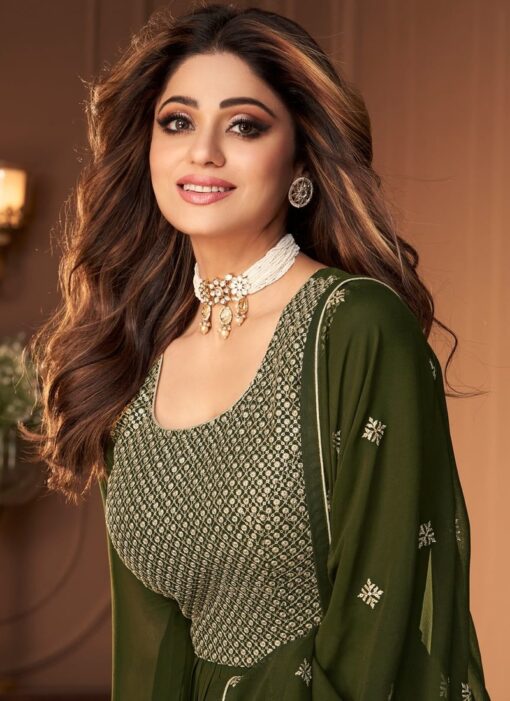 OLIVE GREEN COLOURED EMBROIDERED SHARARA SUIT