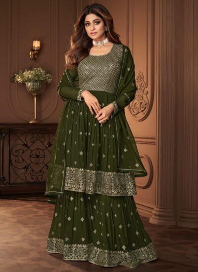 OLIVE GREEN COLOURED EMBROIDERED SHARARA SUIT
