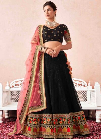 BLACK NET EMBROIDERED PARTY WEAR LEHENGA