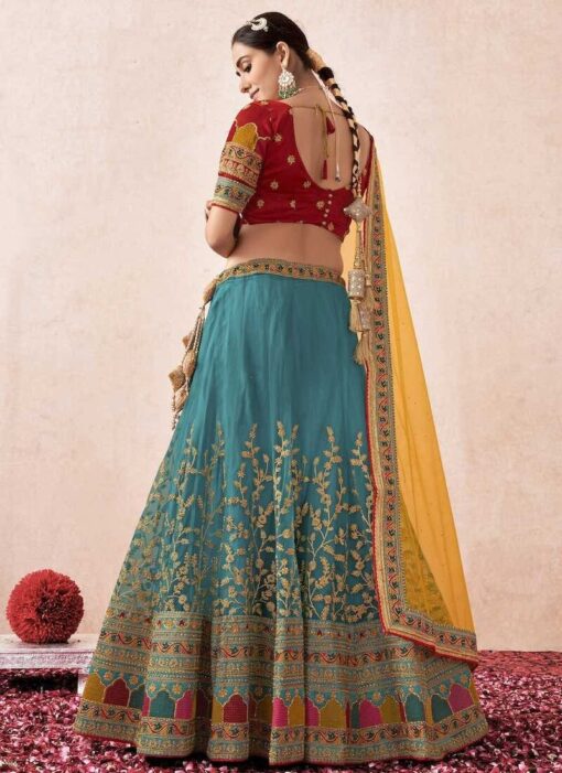TURQUOISE NET EMBROIDERED PARTY WEAR LEHENGA