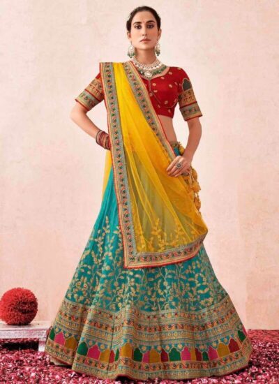 TURQUOISE NET EMBROIDERED PARTY WEAR LEHENGA
