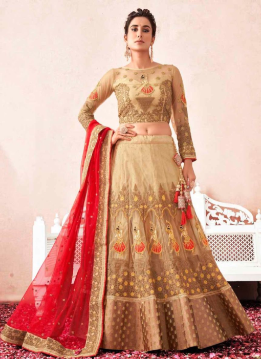 BEIGE NET EMBROIDERED PARTY WEAR LEHENGA