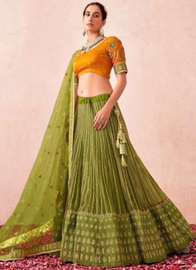 OLIVE GREEN NET EMBROIDERED PARTY WEAR LEHENGA