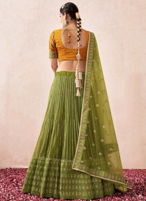 OLIVE GREEN NET EMBROIDERED PARTY WEAR LEHENGA